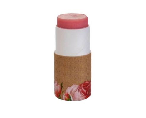 Eco-friendly lip gloss tube with a roll-up mechanism showcasing soft pink color and rose petal design