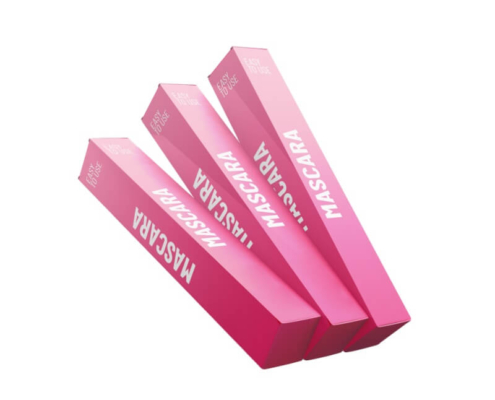 Customizable mascara packaging box with ribbon handle and sturdy cardboard material.