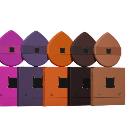 Close-up shot of multiple powder puff boxes in different colors with a snap closure for easy packaging.