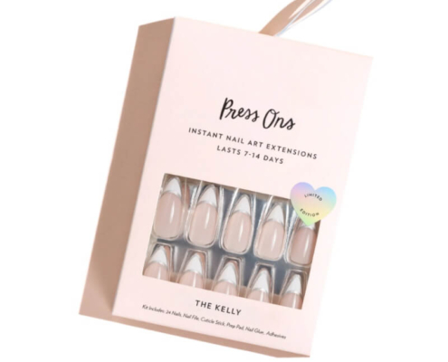 Press on nail box with 'The Kelly' design, featuring nude nails with silver tips for a sleek look.