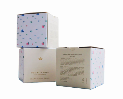 Soap boxes wholesale with vibrant floral patterns, using high-quality CMYK/PMS printing and embossing for detailed designs.