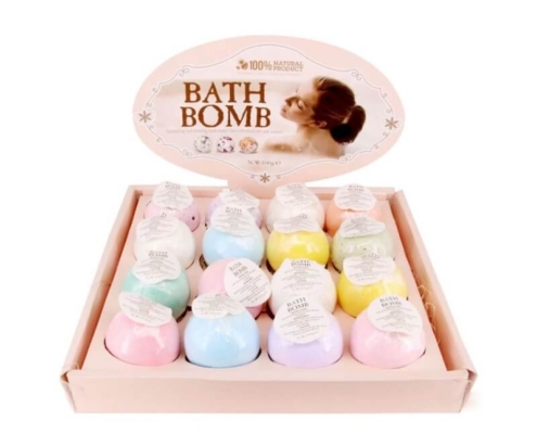 Custom bath bomb display boxes displaying a collection of bath bombs with unique color and scent labels.