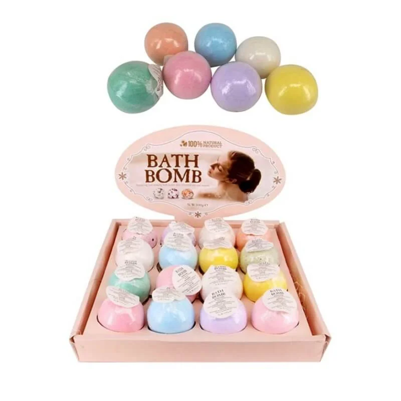 Premium bath bomb display boxes with multi-colored bath bombs arranged for a visually appealing display.