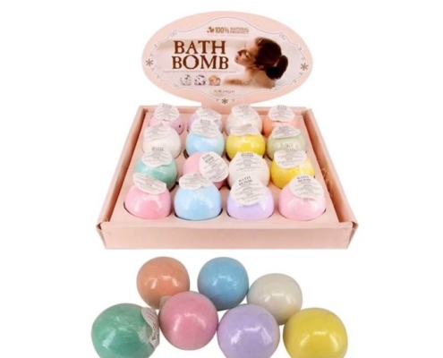 Charming bath bomb display boxes with vibrant, colorful bath bombs ideal for pampering gift sets.