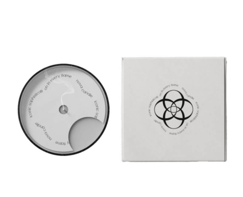 White circular candle dust covers with sleek black edge, featuring a minimalist design with customizable text around the perimeter.