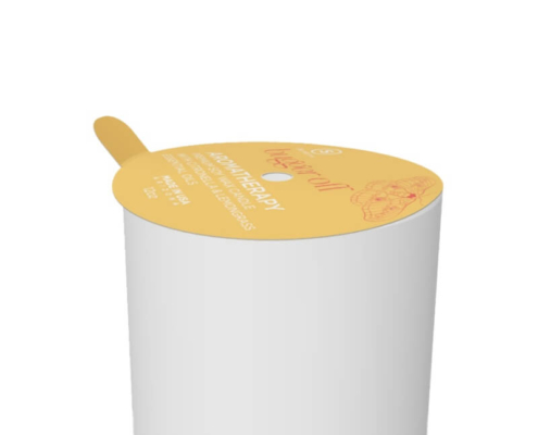 Yellow candle dust cover with vibrant design and essential oil blend details, ideal for aromatherapy or wellness-focused candles.