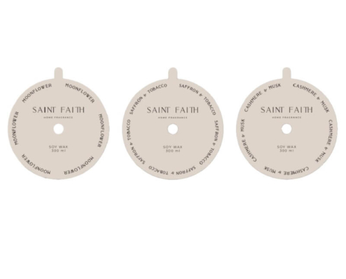Beige circular candle dust covers with subtle, elegant text and customizable scent labels, perfect for luxury and artisanal candles.