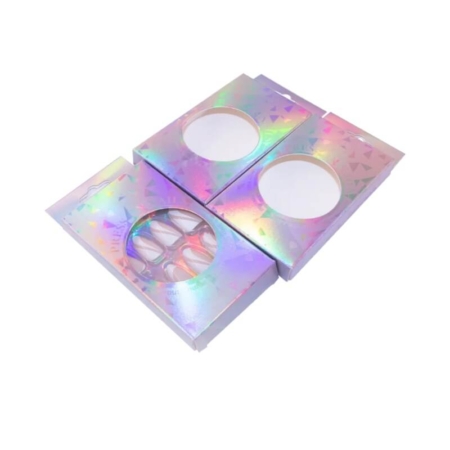 Luxury holographic press on nails packaging with circular window – custom folding carton box for nail kit display and branding.