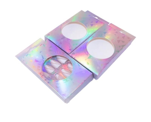 Luxury holographic press on nails packaging with circular window – custom folding carton box for nail kit display and branding.