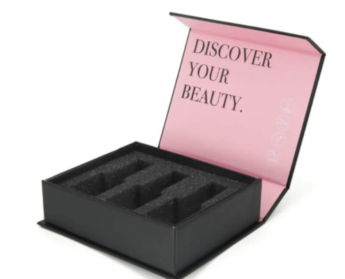 Black custom nail polish set box with foam insert, designed for luxury packaging and secure product display.