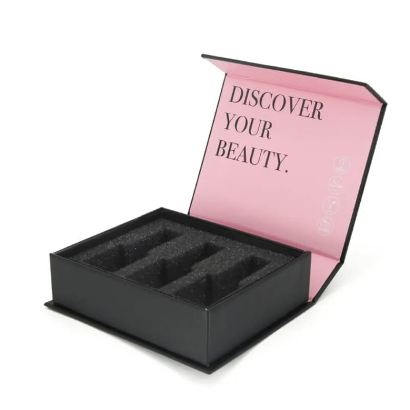 Black custom nail polish set box with foam insert, designed for luxury packaging and secure product display.