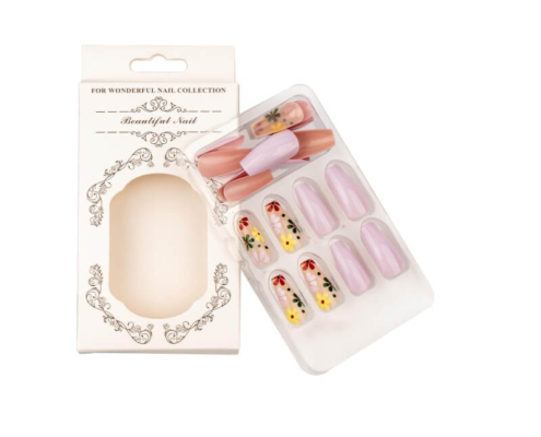 Chic white press on nails packaging with floral design and see-through window – custom folding carton box for nail salon or brand packaging.