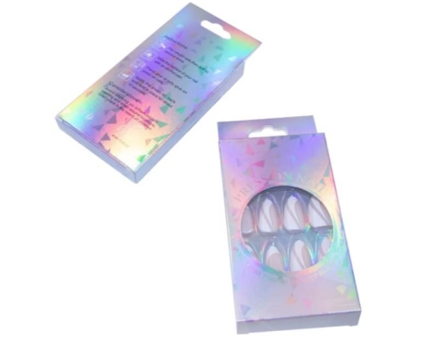Back and front of holographic folding carton box for press on nails packaging – includes retail hang hole and step-by-step usage instructions.
