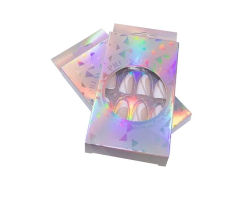 Custom printed holographic folding carton box with window – premium press on nails packaging for showcasing nail tips and kits.