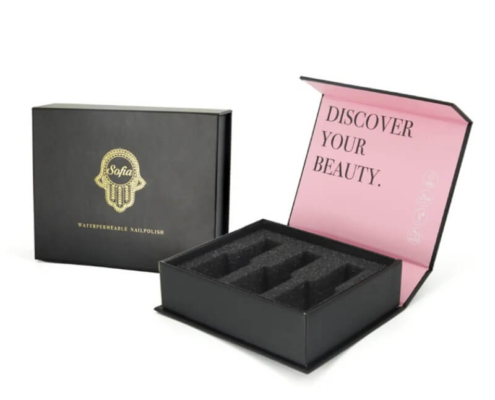 Custom black nail polish set box with foam insert, perfect for showcasing nail polish bottles securely.