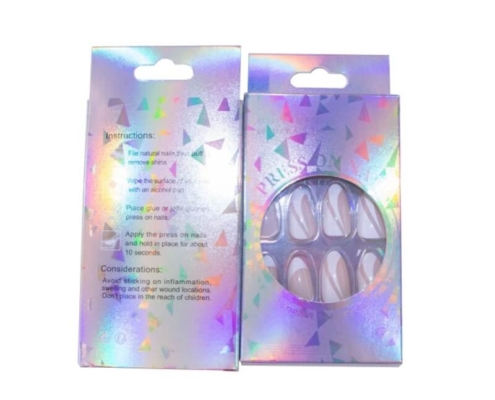 Eco-conscious press on nails packaging with rainbow holographic finish and window – folding carton box with internal nail insert tray.