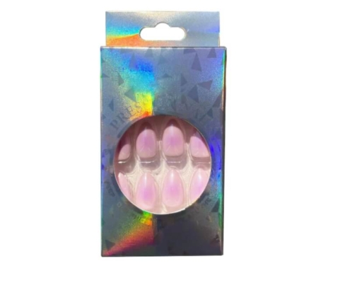 Pastel ombre press on nails in holographic folding carton box – round window nail packaging for boutique or wholesale beauty brands.