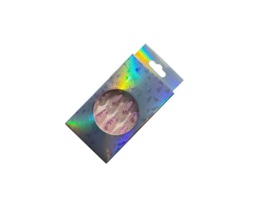 Floral purple press on nails displayed in holographic folding carton box with hang hole – custom printed retail packaging for nail art.
