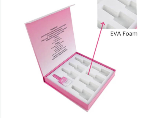 Close-up of EVA foam insert inside a custom pink nail polish box, providing extra protection for nail polish bottles.