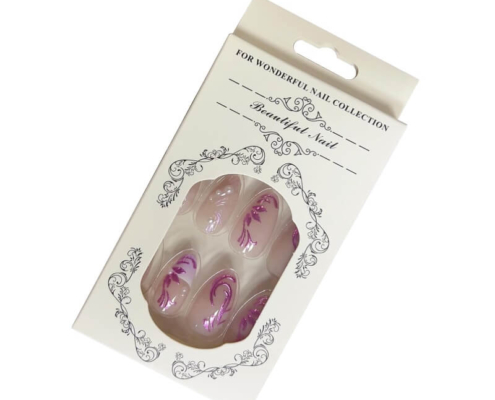 Holographic press on nails packaging with pink and purple nail tips – circle window folding carton box with elegant retail design.