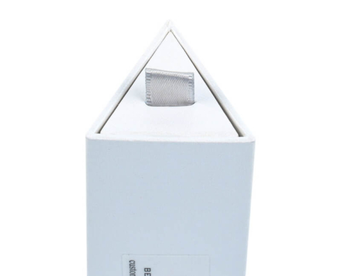 Top angle of triangle lip balm box with drawer pull handle detail