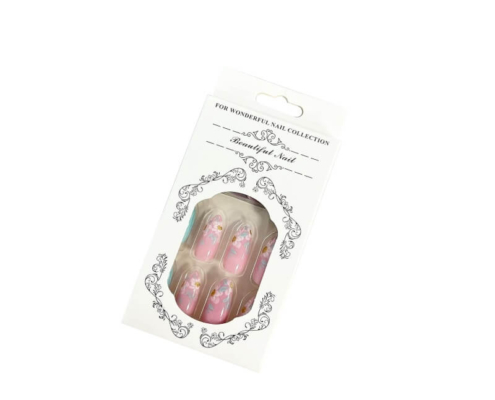Vintage-style white folding carton box for press on nails packaging – clear custom window reveals elegant purple floral nail set.