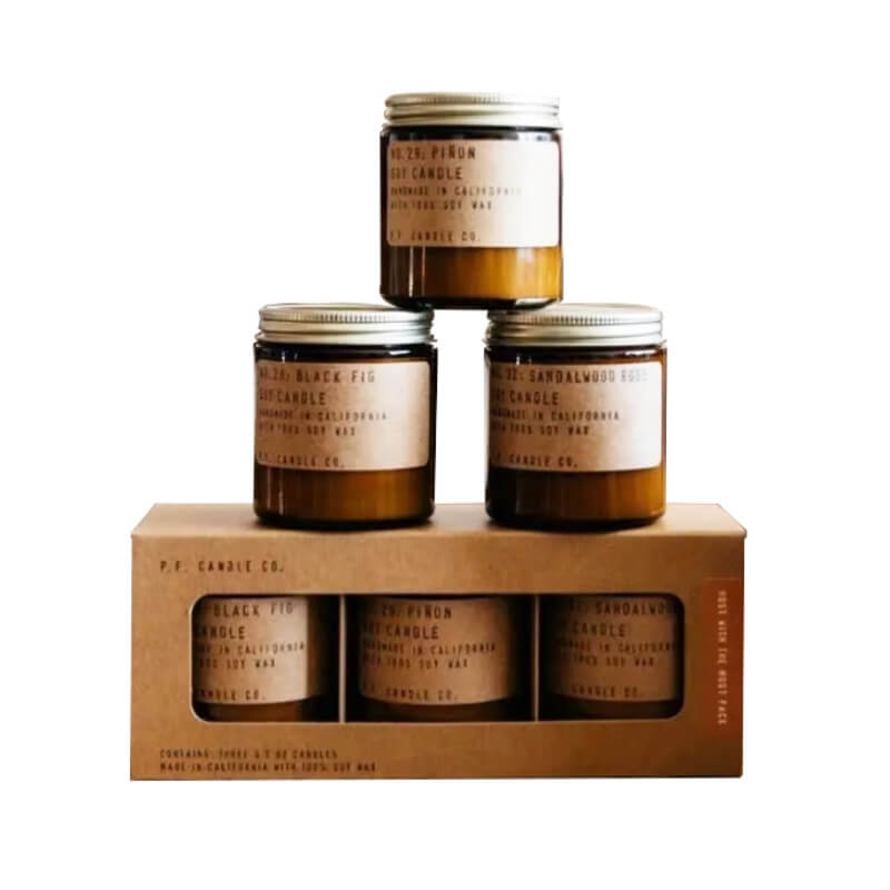 Natural kraft candle boxes with inserts featuring a custom-shaped window and tuck-end folding cartons packaging design for retail display.