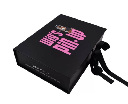 Luxury Custom Hair Extension Packaging Black Gift Box with Handle – Premium rigid black gift box designed for hair extensions, featuring a custom handle and elegant matte finish.