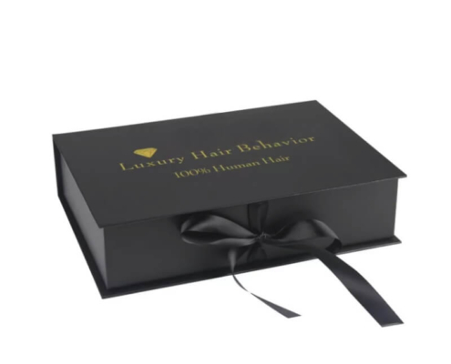 Custom Black Gift Box for Hair Extensions with Silk Insert – High-end custom hair extension packaging with a soft silk insert for safe and stylish product presentation.