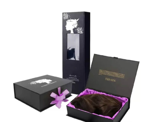 Rigid Black Hair Extension Box with Magnetic Closure and Ribbon Handle – Durable custom packaging box for hair extensions with magnetic closure and elegant ribbon handle.