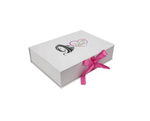 Black Gift Box with Hot Foil Stamping for Hair Extension Packaging – Luxurious black gift box featuring gold hot foil stamping, ideal for premium hair extension brands.