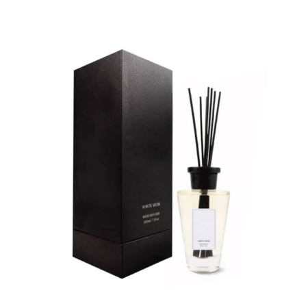 Luxury black diffuser box with white musk reed diffuser – premium rigid box packaging for home fragrance