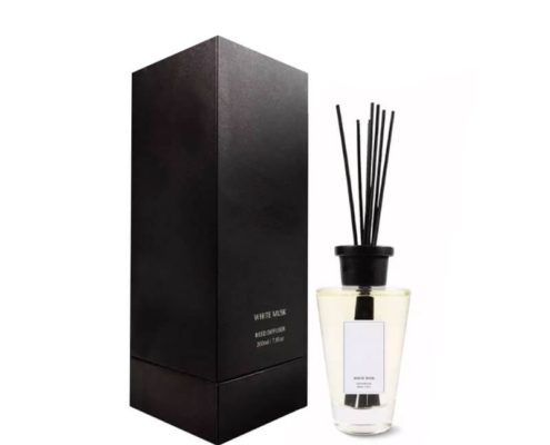 Luxury black diffuser box with white musk reed diffuser – premium rigid box packaging for home fragrance