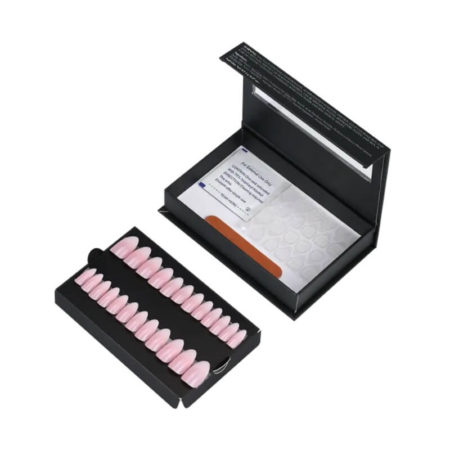 Elegant black magnetic nail box with custom-cut window and organized compartments for press-on nails.