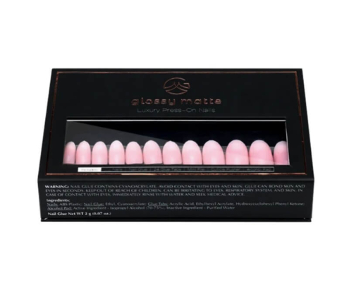 Luxury press-on nails packaging with magnetic closure and clear window on sleek black box.