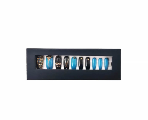 Front view of premium nail packaging box with transparent window showcasing press-on nails.