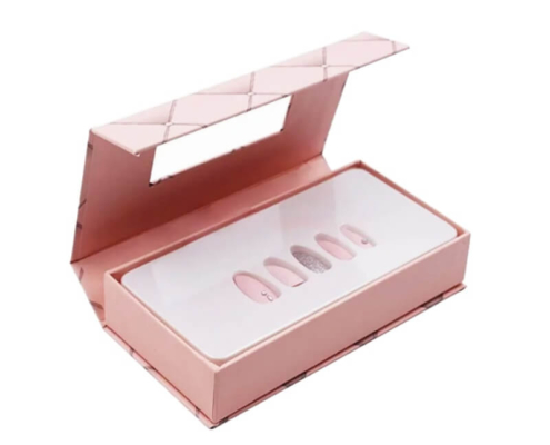 Pink quilted magnetic lid box for press-on nails with clear display panel and elegant finish.