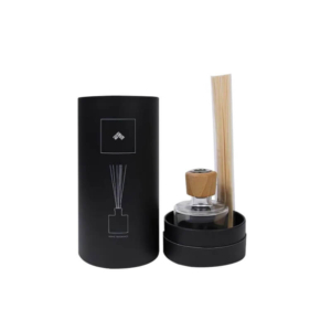 Luxury black paper tube for reed diffuser packaging wholesale with custom wooden cap and insert.