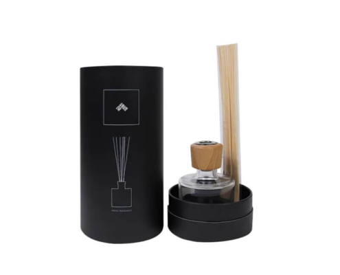 Luxury black paper tube for reed diffuser packaging wholesale with custom wooden cap and insert.