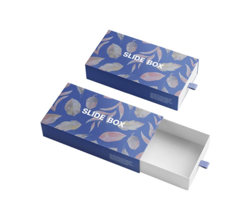 Custom blue sliding box with printed sleeve and ribbon pull handle
