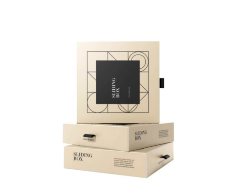 Elegant beige slider box with minimalist geometric design and black handle