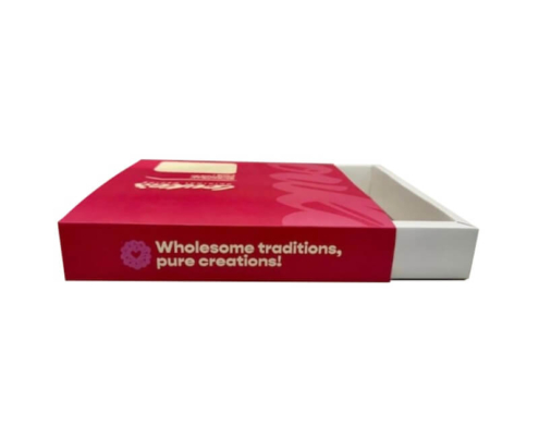 Red and white slider box packaging with custom printed sleeve