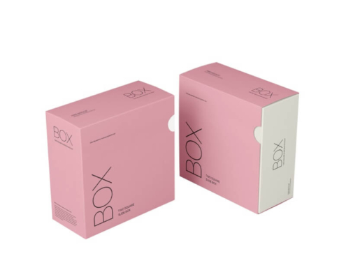 Pink vertical slider box packaging with easy-open thumb cut design