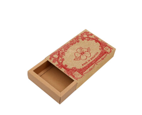 Kraft sliding drawer box with red vintage-style custom printing