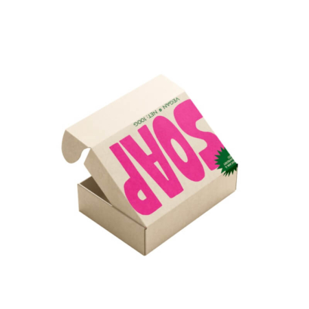Minimalist soap box packaging with bold pink SOAP lettering, ideal for homemade soap packaging and eco-friendly shipping.
