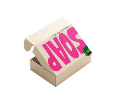 Minimalist soap box packaging with bold pink SOAP lettering, ideal for homemade soap packaging and eco-friendly shipping.