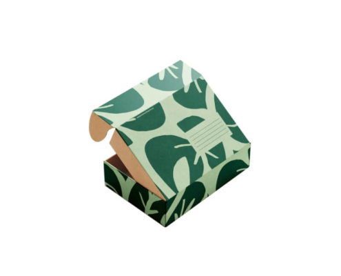 Green-patterned eco-friendly soap box packaging for homemade soap, featuring folding carton design and sustainable materials.