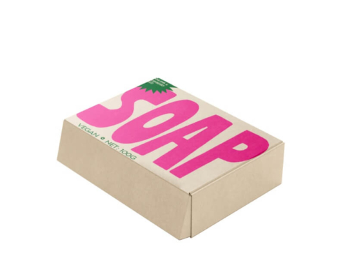 Closed soap mailer box packaging with bold pink SOAP text, made for vegan, homemade, and organic soap brands.