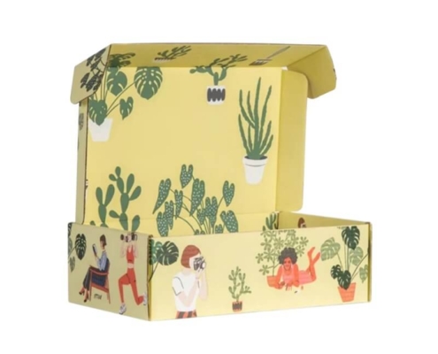 Colorful yellow soap box packaging with plant and people illustrations, ideal for creative homemade soap packaging.