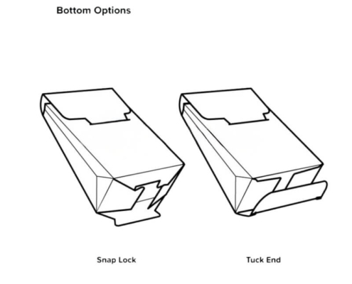 Snap lock and tuck end bottom options for white gable boxes, kraft gable boxes, and gable bag packaging